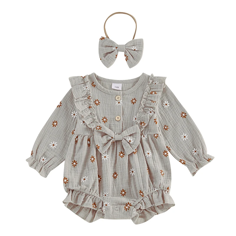 

Baby Girl Fall Romper Floral Print Long Sleeve Ruffled Crew Neck Bubble Jumpsuit with Bow Headband