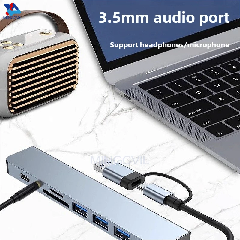 MINGCVIL 8 In 2USB-C Hub With 3.0 SD/TF Card Reader Multi-Port Adapter For Laptop Tablet Phone TypeC Docking Station For Office