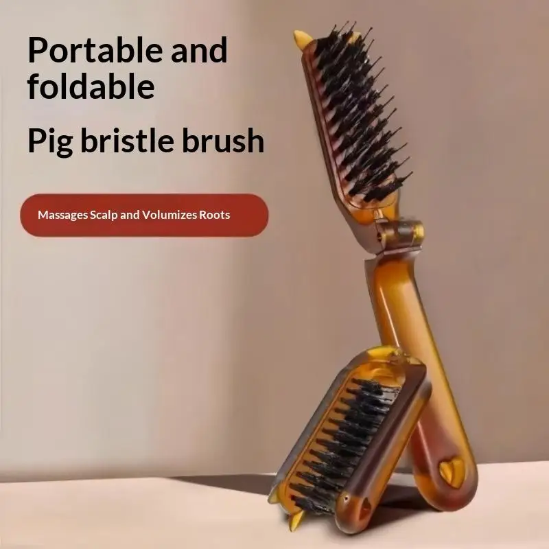 Foldable Boar Bristle Hair Brush Anti-Static Detangling Comb for Dyed Permed Hair Travel Use