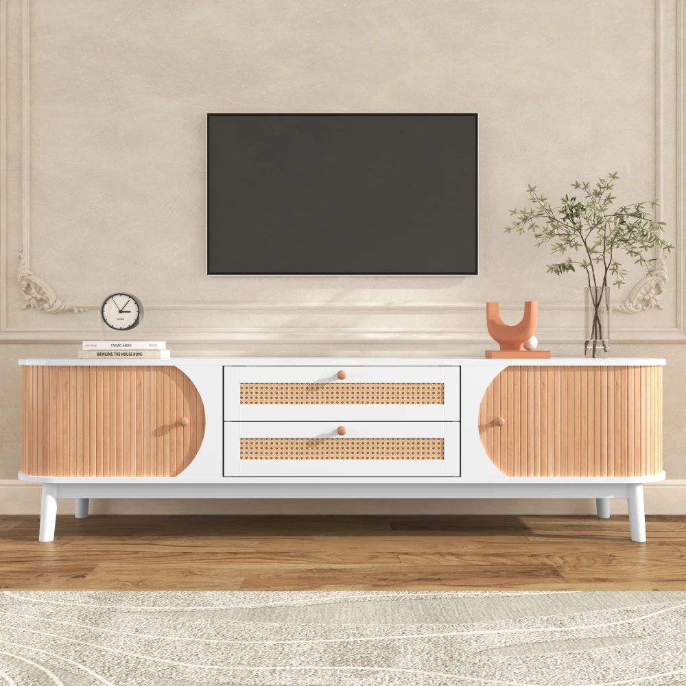 Rattan TV Stand, Modern Farmhouse Media Console, Entertainment Center with Solid Wood Legs, TV Cabinet for Living Room, Theatre