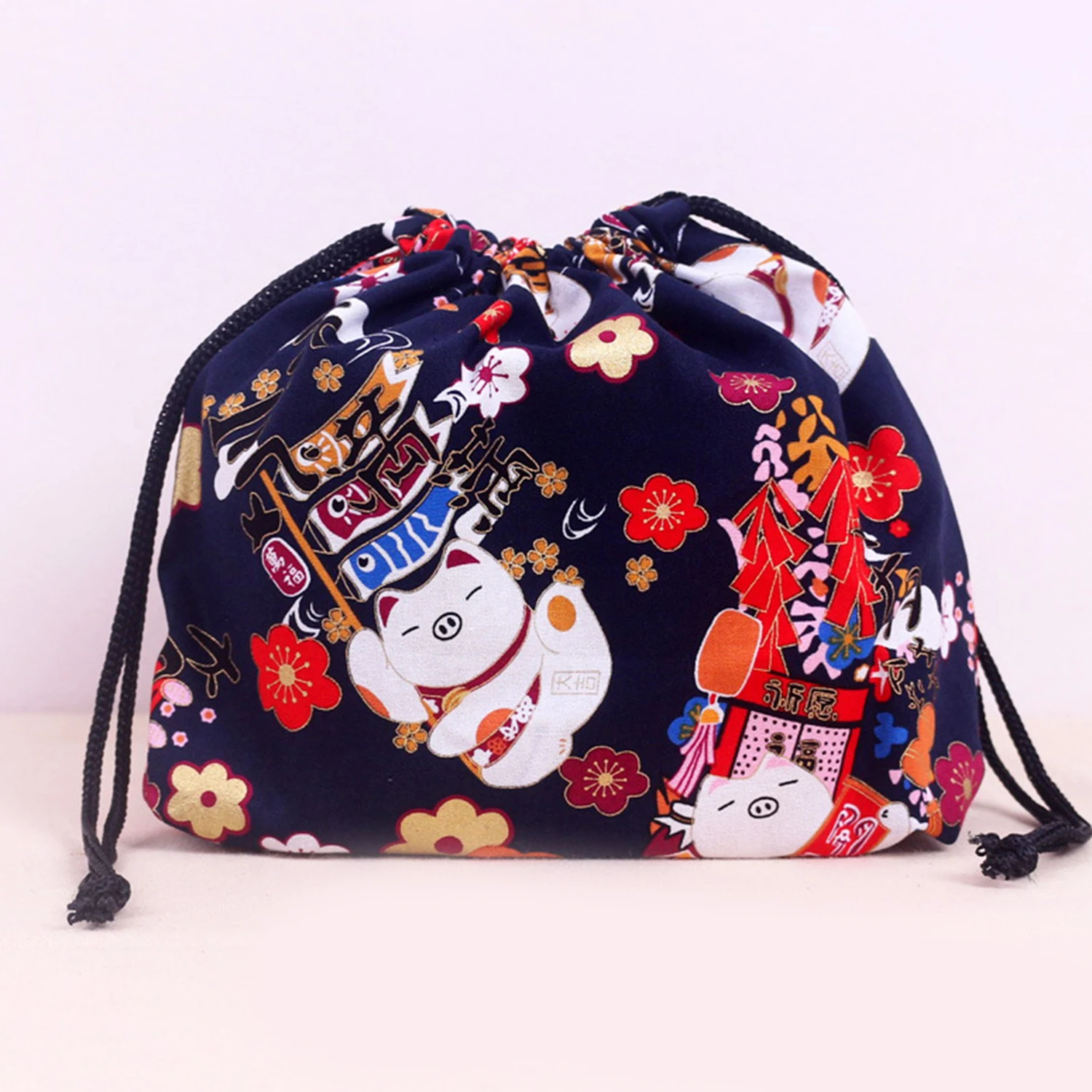 Japanese Cat Printing Drawstring Lunch Box Storage Bag For Travel Picnic Portable Easy Wash Bento Lunch Box Tote Pouch