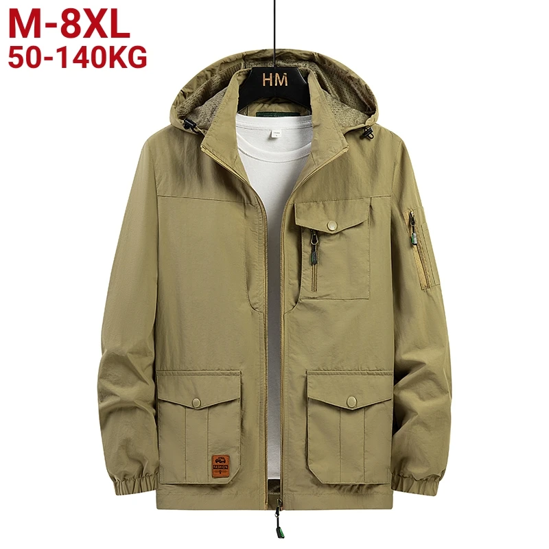 Waterproof Multi-Pockets Outdoor Jackets Men Cargo Khaki Army Green Windbreaker Hooded Removable Coats Plus Size 6xl 7xl 8xl