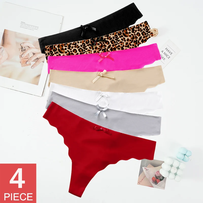 4PCS/Set M-XL Women Sexy Thong Panties Pack Lingerie 8 Solid Colors G-string Bow Ice Silk Underwear Leopard Underpants