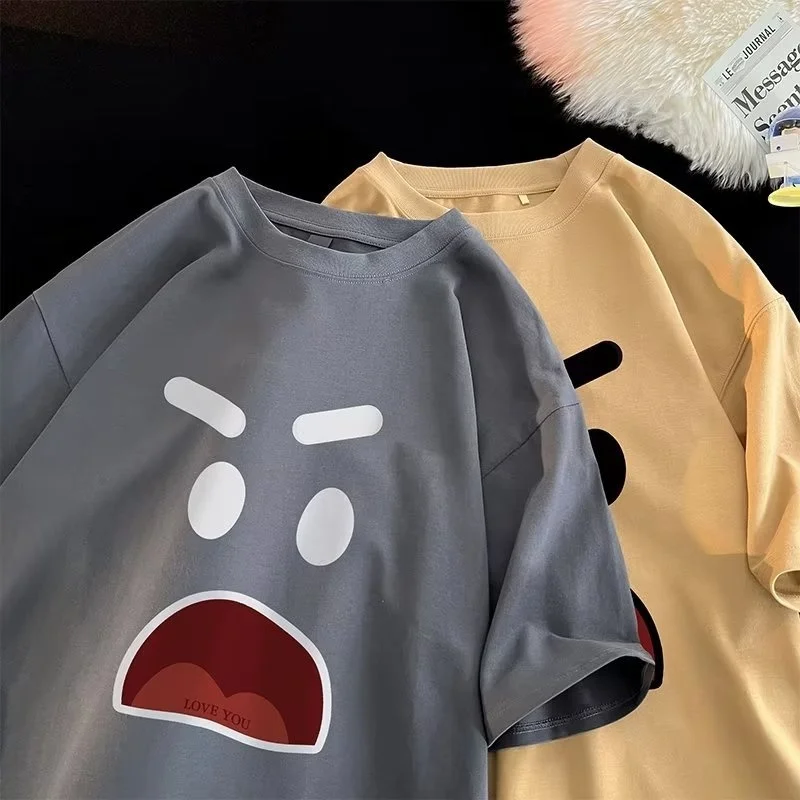 8XL الكورية فضفاضة تناسب المألوف العصرية الأمريكية الرجعية التعبير تي شيرت مطبوع جولة الرقبة عارضة الرجال متعددة الوظائف زوجين مجموعة