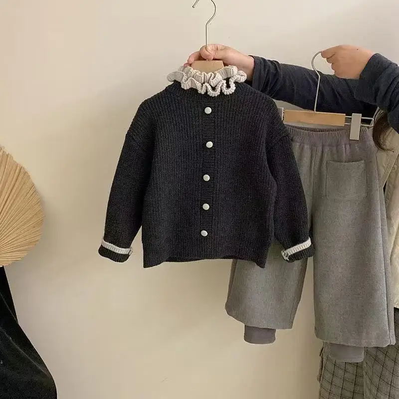 Girls' Korean Version Winter New Lace Collar Pullover Sweater Children's Warm and Fake Two-piece Top Girls' Casual Pants