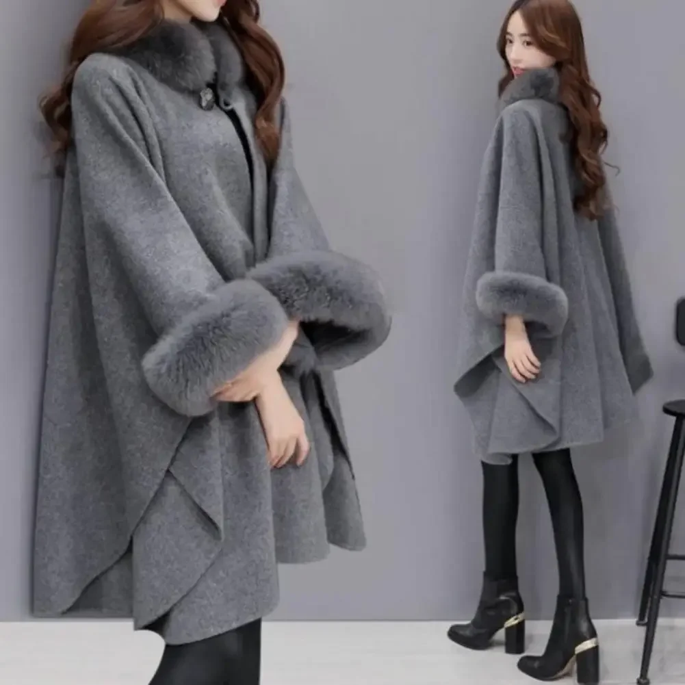 Ladies Cape Coat Solid Color Faux Fur Collar Autumn Winter Warm Loose Mid Length Poncho Jacket For Everyday Wear Bohemian Shawl