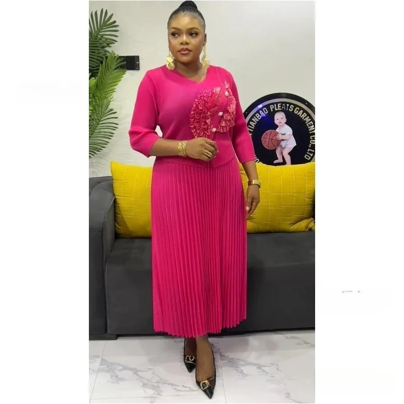 

Miyake Bronzing Hand-cranked Flower Nail Buckle Dress Temperament Loose Medium and Long Dress Women's Clothing 2025 Summer New