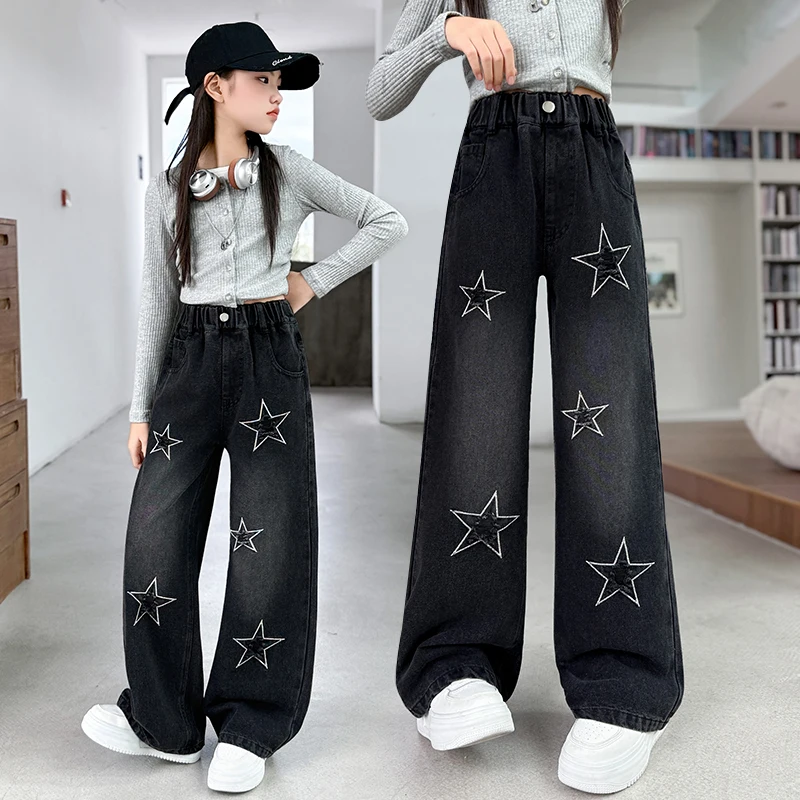 Kids Autumn Straight Fit Black Jeans with Stars for Tween Girls Age 5 6 7 8 9 10 11 12 13 14 Years Old Kids Stylish Denim Pants