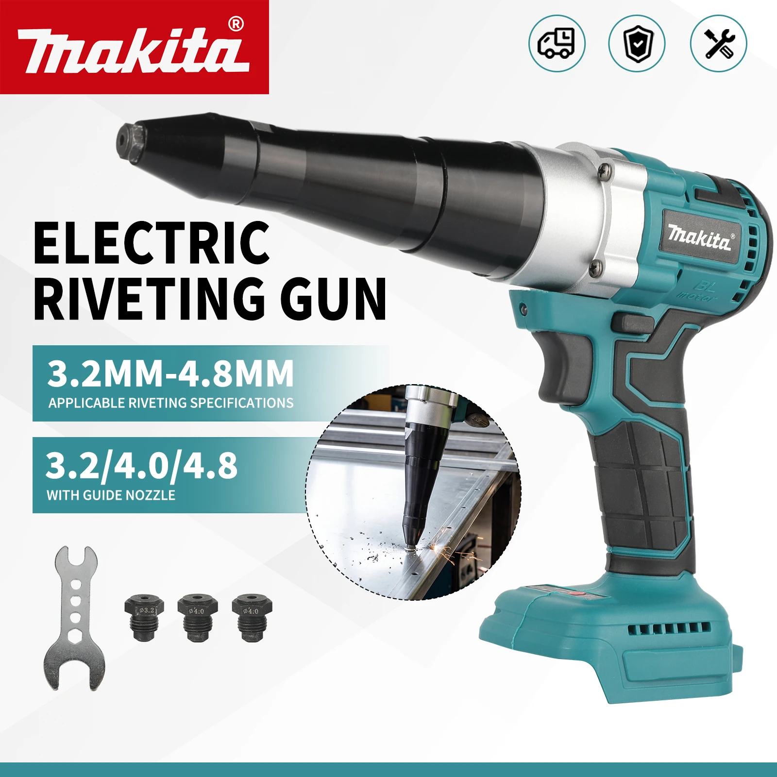 For Makita M108 Brushless Rivet Gun, Handheld Cordless Riveting Tool with 3 Nozzles for Construction and Metal Repair