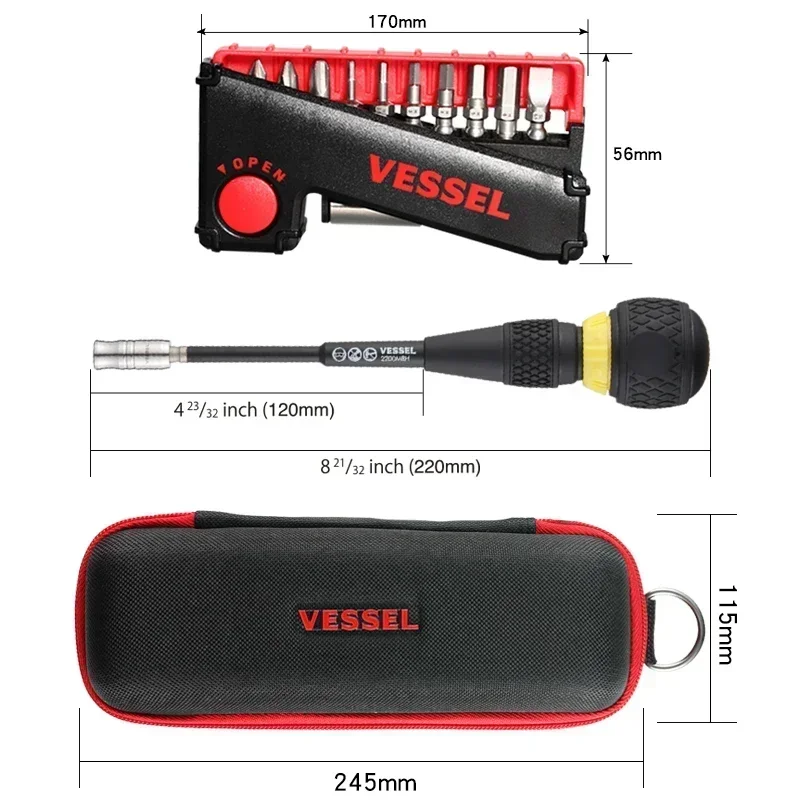 VESSEL N0.2200MBH11 Ball Grip Ratchet Screwdriver Set with Replaceable Screwdriver Bits Drill Bit Set Hand Tools