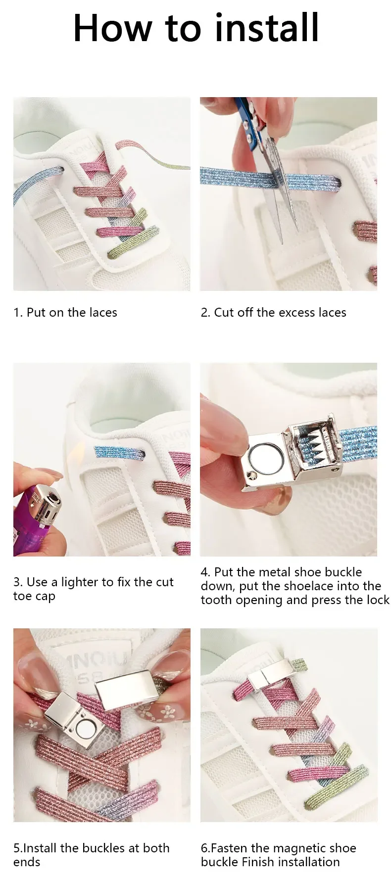Magnetische Schnürsenkel ohne Binden, elastische flache Schnürsenkel für Sneaker, ohne Schnürsenkel, Regenbogen-Glitzer-Schnürsenkel für Damen und Herren, Schuhzubehör – Detail 7