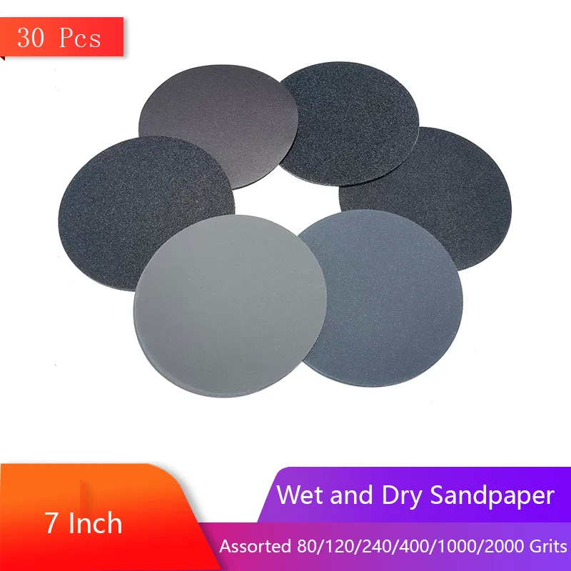 7 Inch Wet and Dry Sandpaper 30 Pcs Assorted 80/120/240/400/1000/2000 Grits for Surface Grinding of Iron Plates Wood Plastics