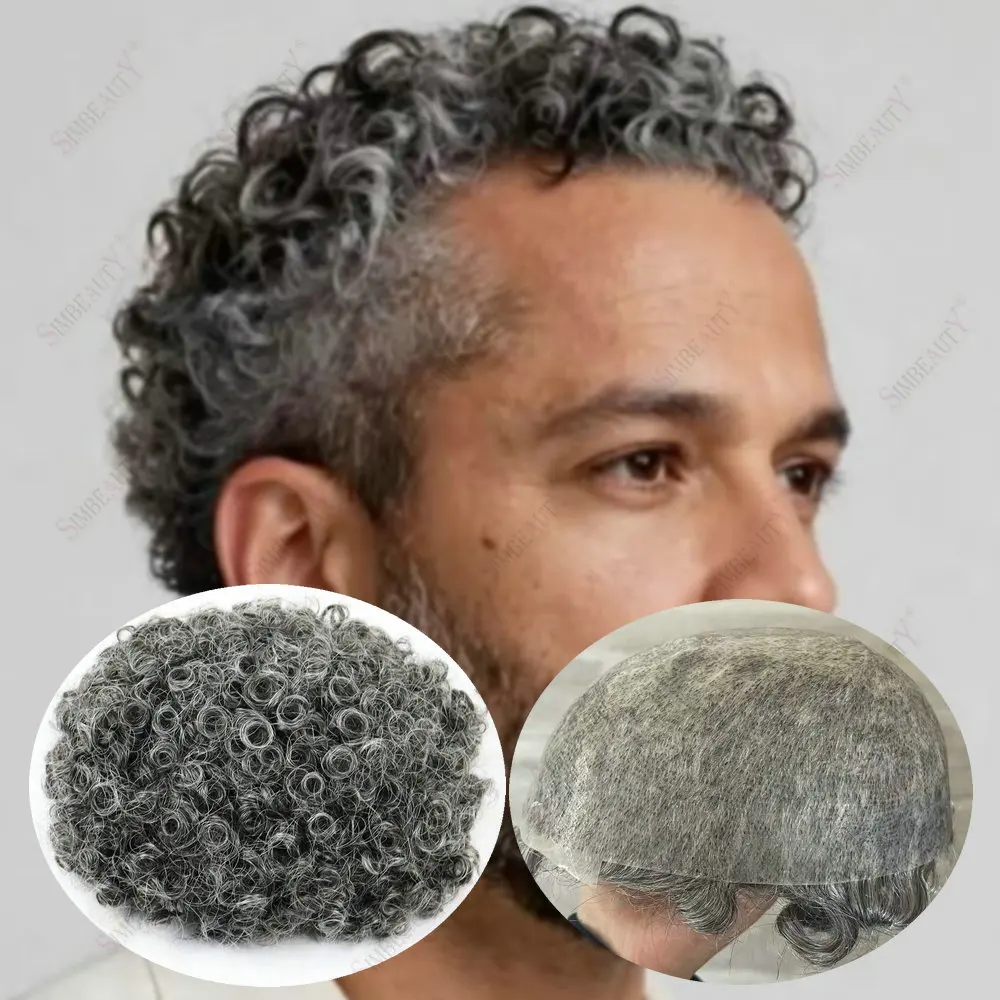 15mm African Curly Men Toupee Super Durable 0.1mm Injection PU Skin Male Hair Prosthesis Black Grey Human Hair System Hairpieces