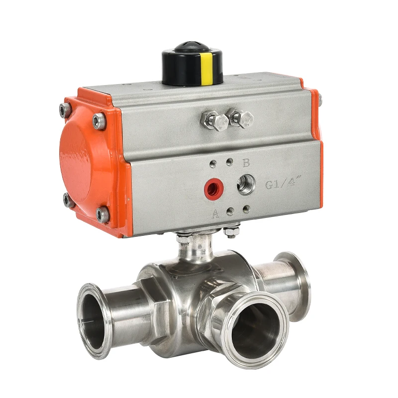 38mm 3 Way 304 Stainless Steel Sanitary Tri Clamp Ferrule Type Pneumatic Ball Valve With Double Acting Cylinder