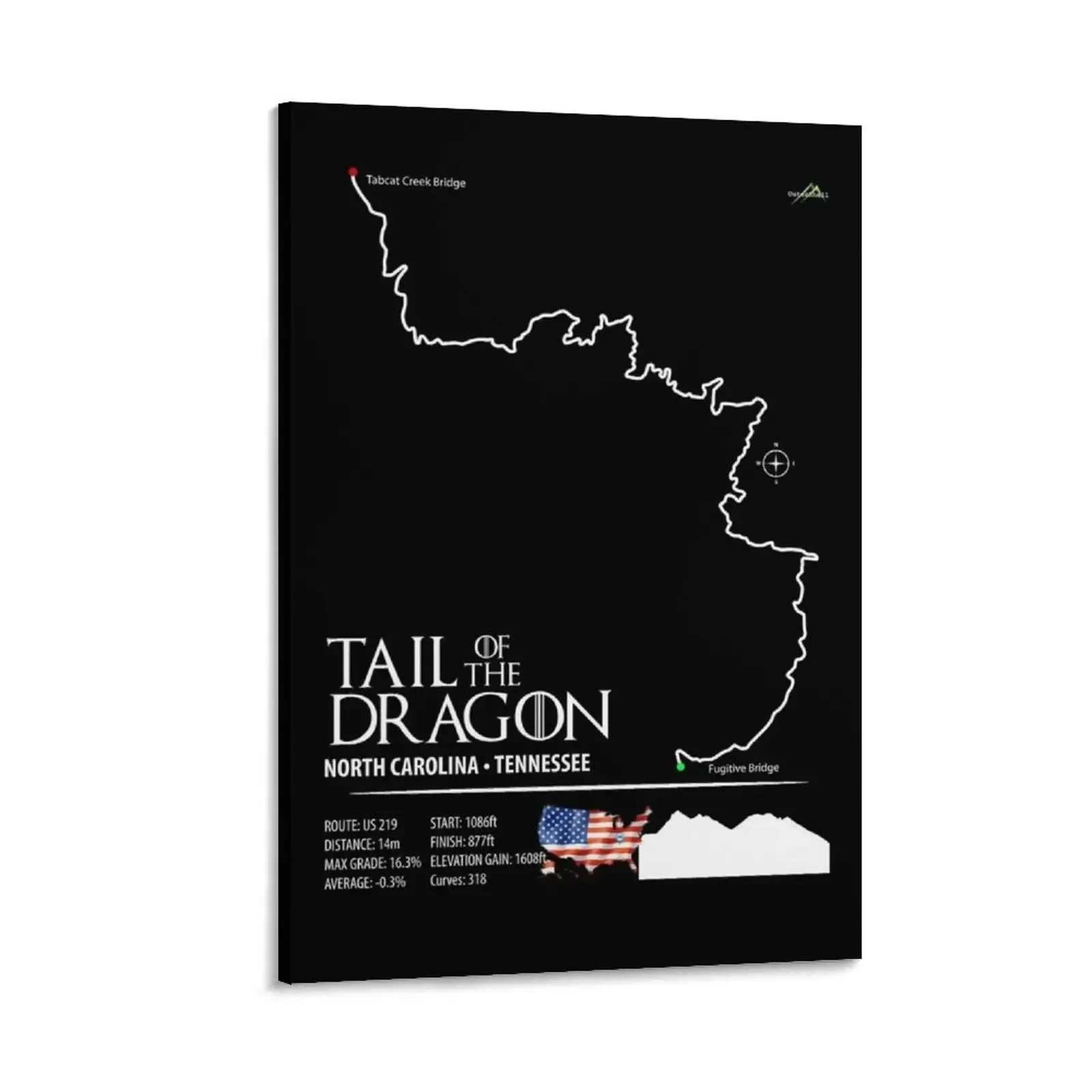 

Tail of the Dragon Road US 129 Motorcycle Sports Car Trail Map Art Print Canvas Painting posters for wall Decoration wall