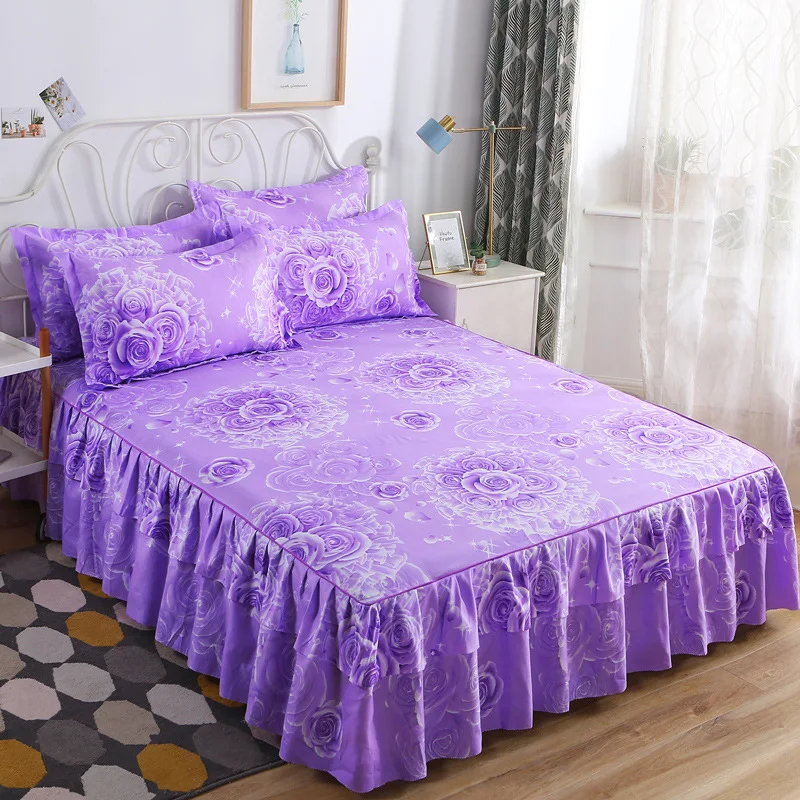 Court style soft polished bed skirt set  breathable embroidery  bilateral bed skirt + double pillowcase