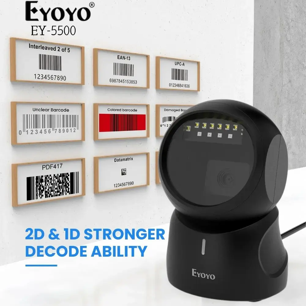 Eyoyo 2D Barcode Scanner QR Code Detecção automática de digitalização Omnidirecional Leitor de código de barras mãos-livres