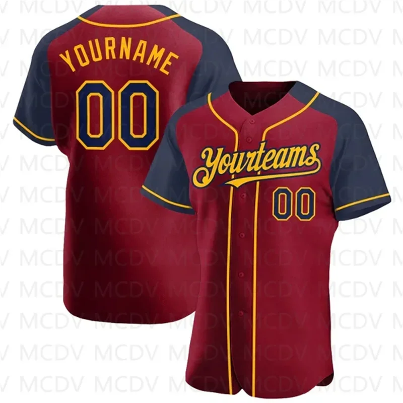 Custom Crimson Navy-Gold Authentic Raglan Sleeves Baseball Jersey 3D Printed for Men and Women Casual Team Shirts  Unisex Tops