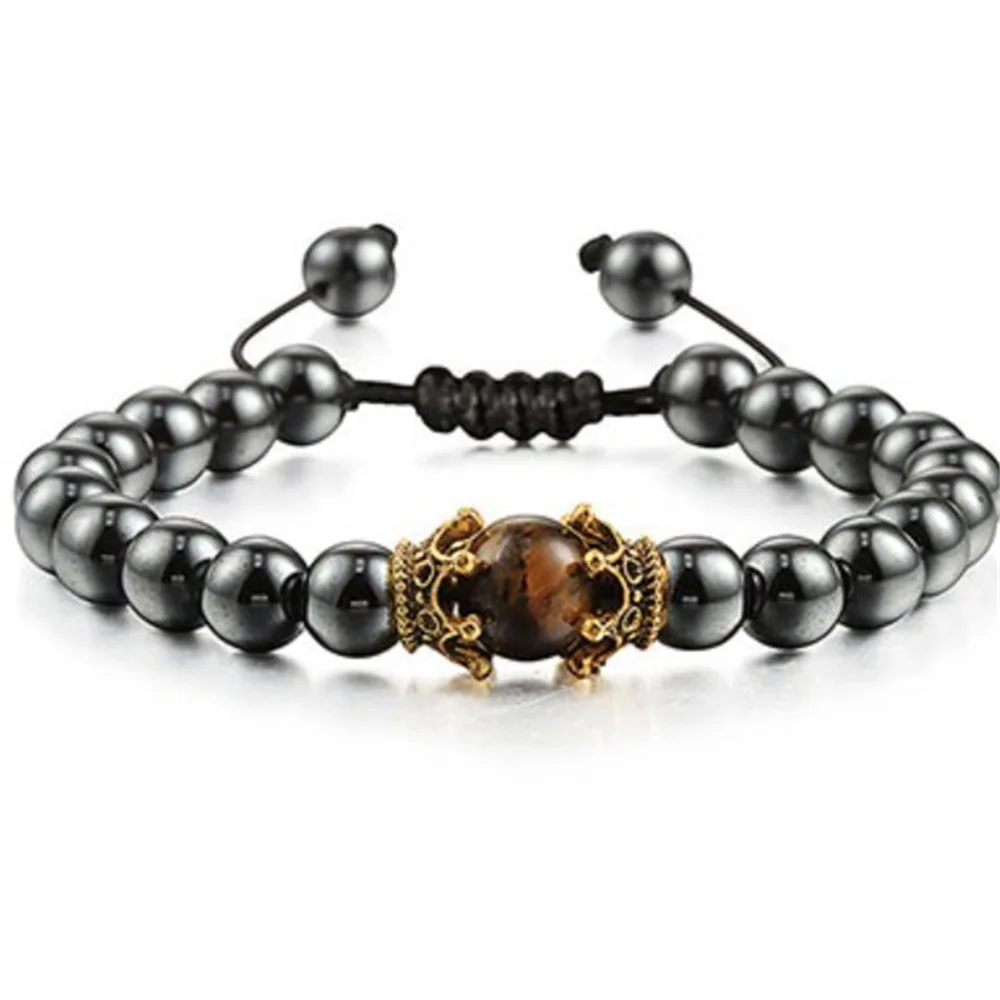 Trendy Personality Nature Stone Bracelets For Men Vintage Crown Symbolic Power Hematite Ore Beaded Bracelets Gifts For Friend