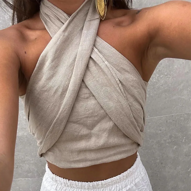 TRAF Linen Halter Top Summer Tops For Women 2023 Crop Backless Sleeveless Sexy Top Designer Female\'s Elegant Fashion Top Trend