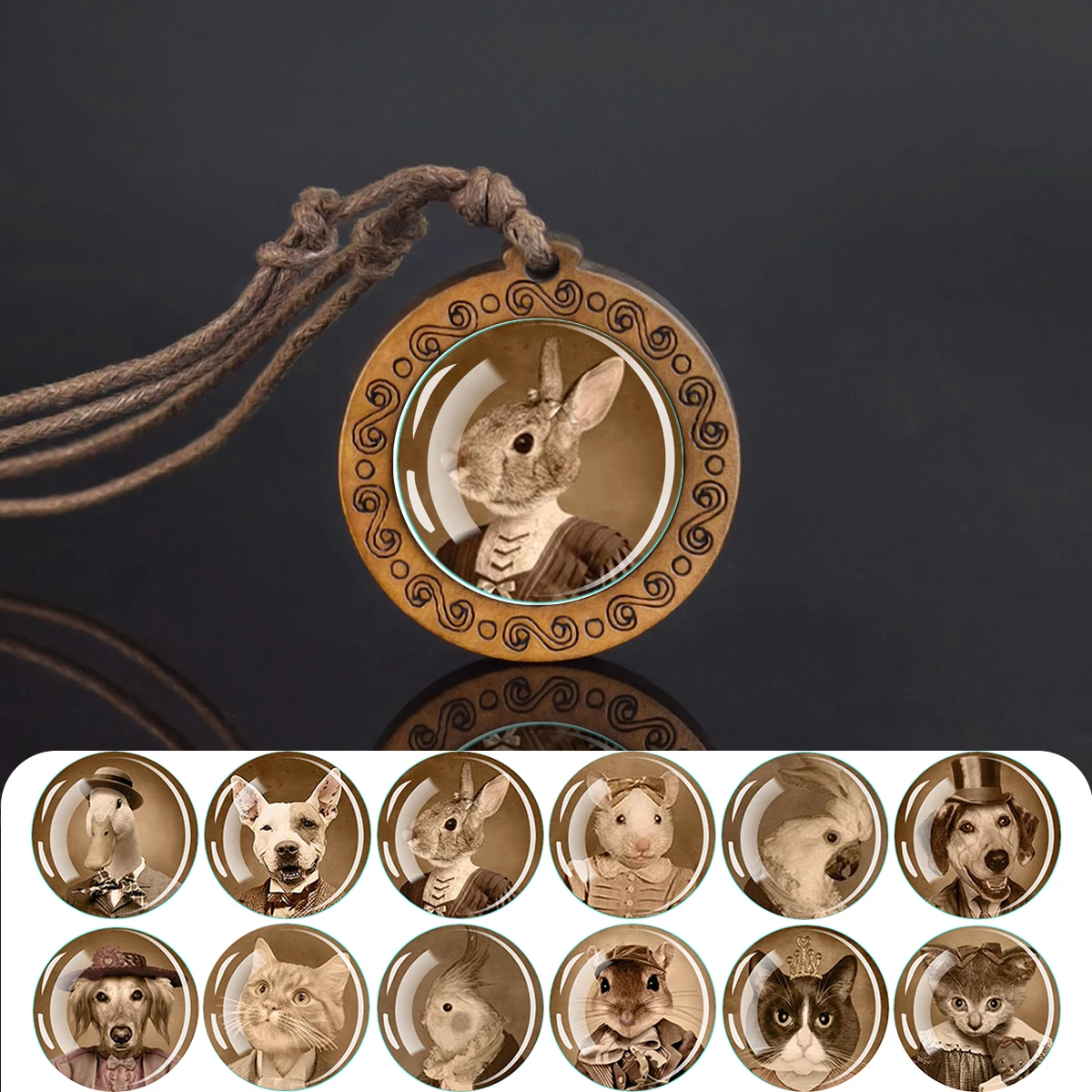 1PC English Style Animal Portrait Necklace, Wooden Pendant Inlaid with Convex Glass, Wax Rope Chain, Suitable As A Birthday Gift