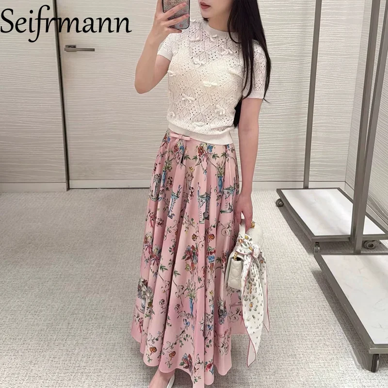 Seifrmann Casual printed cotton skirt high waist stitching bow long skirt 2026 summer fashion women's new style