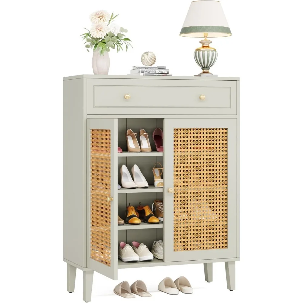 Shoe Cabinet with Doors and Drawer, Modern Shoe Storage Cabinet for Entryway, Mint Green Rattan Shoes Cabinet  Bedroom