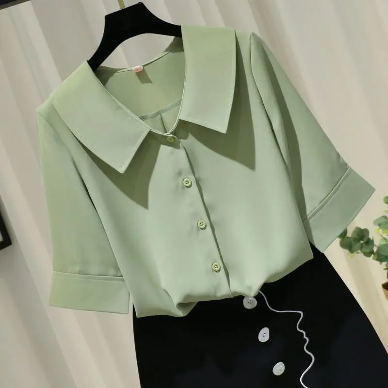 Women Summer Simplicity Loose Temperament Solid Color Chiffon Peter Pan Collar 3/4 Sleeve Shirts Ladies Casual All-match Tops