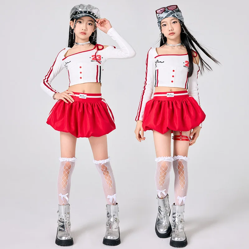 Ropa de Hip Hop para niñas, traje blanco, falda roja, traje de actuación de baile de Jazz, traje Kpop de moda, ropa de calle, desfile de pasarela