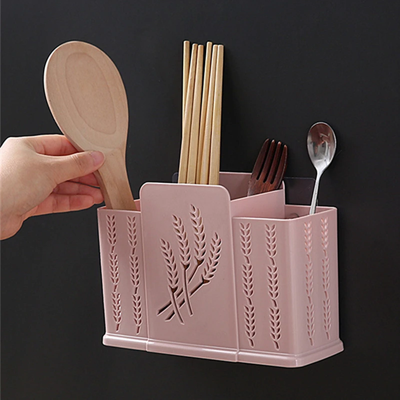 Household Punch-free Chopsticks Cage Plastic Compartment Wall-mounted Tableware Drain Rack Hollow Spoon Holder Kitchen Tools