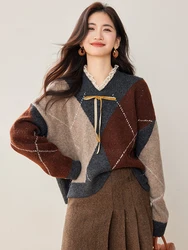 Women's Autumn Winter Lace V-neck Sweater Lazy Style Long Sleeved Knitted Top Loose Harajuku Retro Warm Sweater