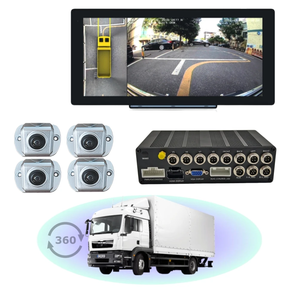نظام أمان ثلاثي الأبعاد 360 درجة 14.5 بوصة تعمل باللمس كشف البقع العمياء AI MDVR كاميرا ريفير لشاحنة حافلة Rv