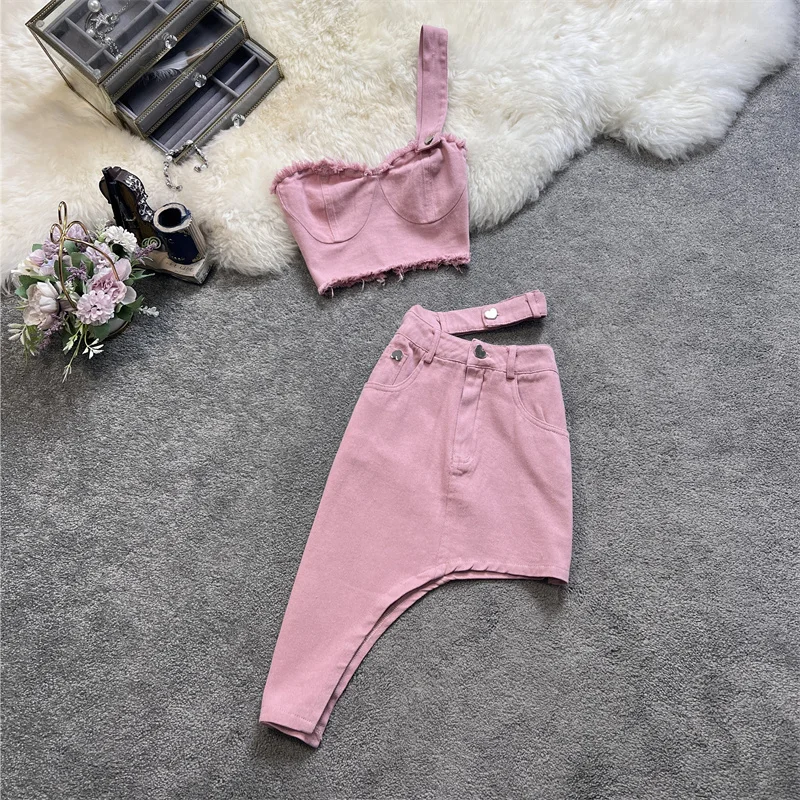 American style retro hot girls suit women\'s summer denim suspender vest + high waist wrap hip skirt sexy two-piece set