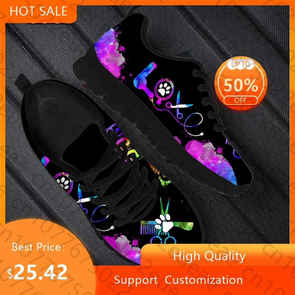 

HYCOOL Fashion Women Sport Shoes Dog Groomer Watercolor Design Mesh Platform Running Sneakers Lace Up Breathable Scarpe Donna