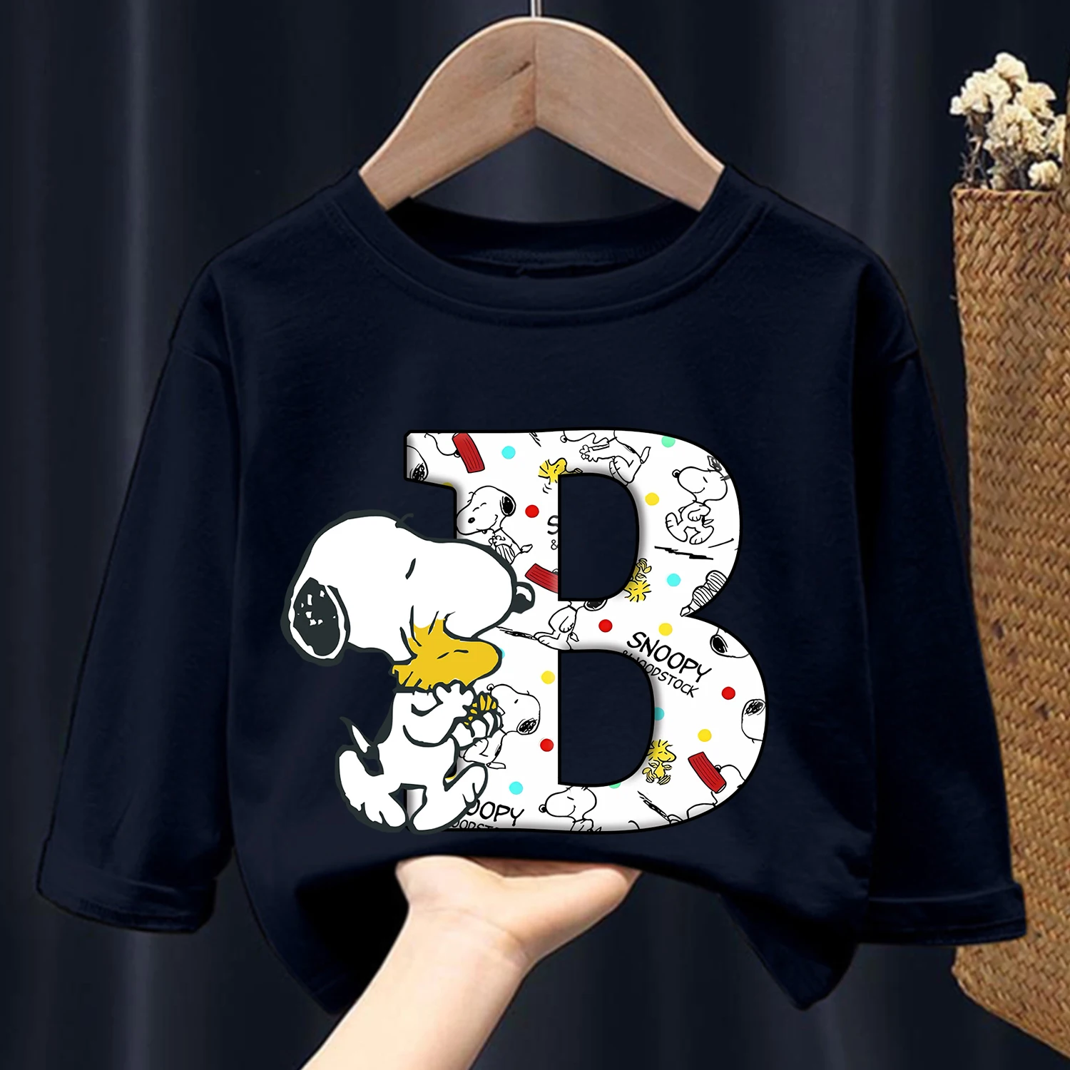 Snoopy Long Sleeve for Children Letter A-Z Cartoon Clothing Cute Casual Caftan Fashion Kids Black Clothes Round Neck Blouse Gift