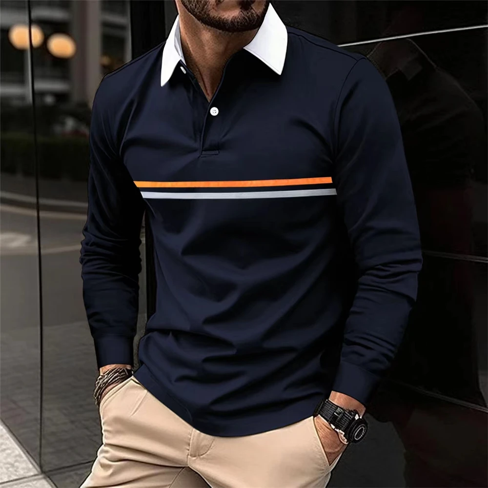 2024 Men New Stripe Long Sleeve Polo Shirt Men Casual Simple Style Polo Shirts Spring Fall Stand Basic Blouse Tees Mens Clothing