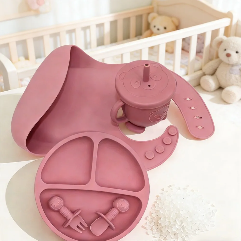 Toddler Silicone Tableware Set Non Slip Suction Cup Design Easy To Clean Baby Feeding Training Set