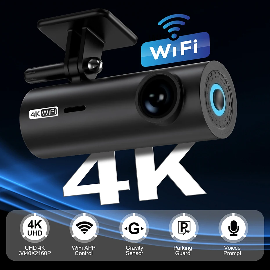 WHEXUNE 4K Car Video Recorder Voice Prompt Dash Cam 3840*2160P WiFi Dashcam 1080P Car DVR Camera Night Vision 24H Loop Recording