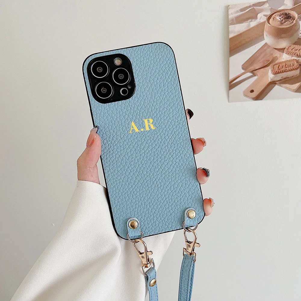 Personalize Customize Letters Crossbody Lanyard Leather Soft Phone Case For iPhone 15 14 Pro Max 13 12 11 X XS XR 7 Plus Cover