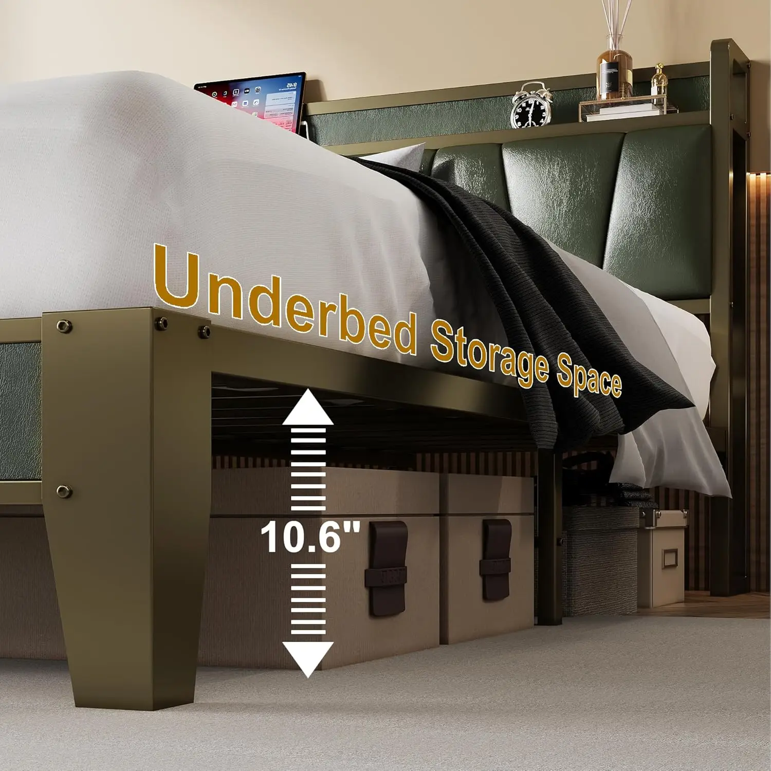 California King Storage Bed Frame with Charging Station, Noise-Free, Easy Assembly, Dark Green, Customized - view 6