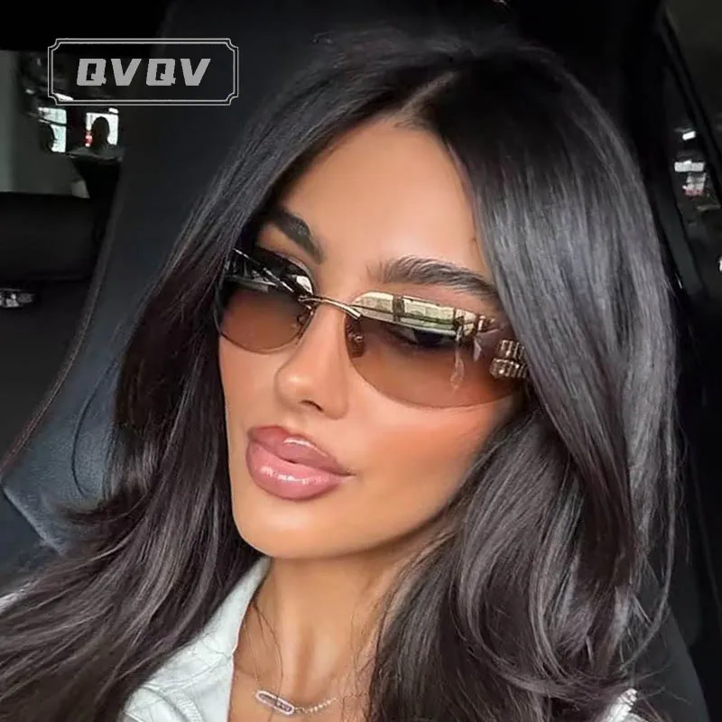 Luxury Brand Rimless Y2k Punk Sunglasses Women Narrow Curved Metal Letters Sun Glasses Ladies Trendy Tea Pink Gradient Shades