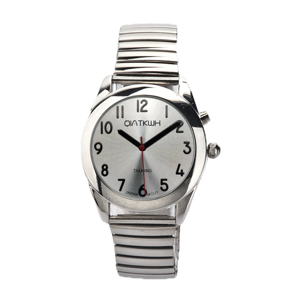 QIATKWH Russian talking watch,Silver case, black leather strap/silver stainless steel telescopic strap