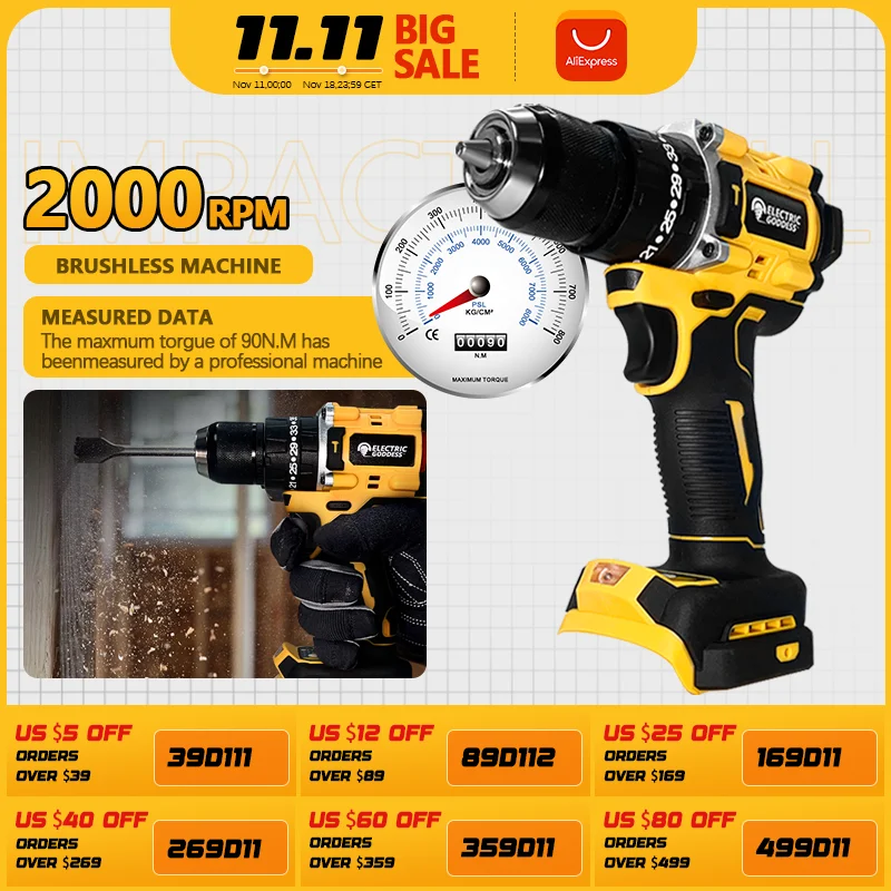Furadeira sem Fio 90n · m Chave de Fenda sem Escova Furadeira de Impacto Compacta Ferramenta Elétrica Doméstica para Bateria Dewalt 20v Dcd800 2000rpm