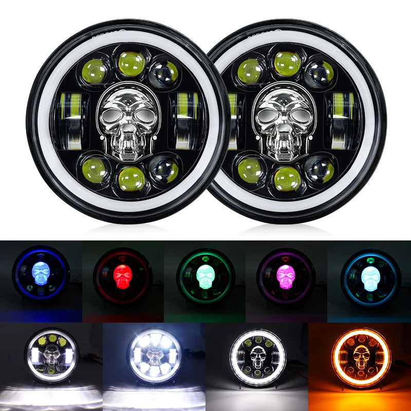 5.75 inch Car Motorcycle LED Headlight Skull Pattern LED Headlight with High/Low Beam Turn Signal DRL Colorful Angle Eye Light