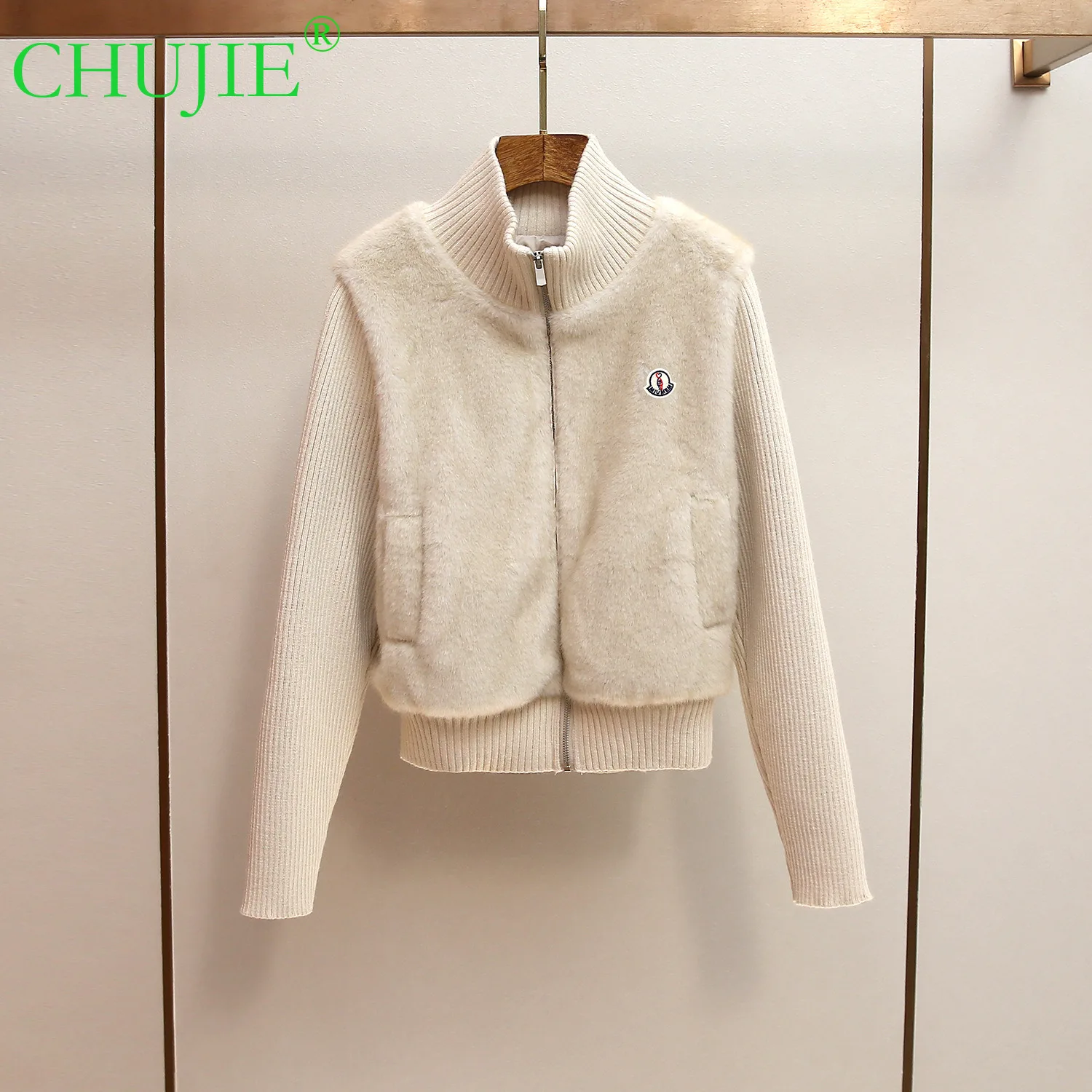 

CHUJIE High - End Women's Winter/Spring New Style French - Style All - Match Fluffy Spliced Knitted Slimming Zipper Short Coat
