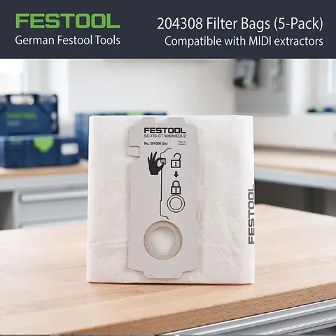 Festool 204308 Self Clean Filter Bags 5 Pack SC-FIS-CT MINI/MIDI-2 Vacuum Dust Bags for CT15 CT MINI CT MIDI Dust Extractor