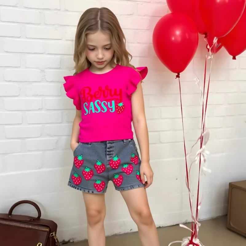 Printed Flutter Sleeve Top and Strawberry Denim Shorts Two-Piece Set for Girls, New Summer Outfit