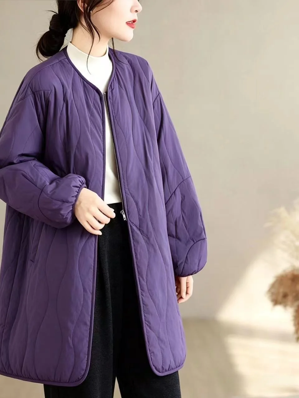 plus Size Women's Casual Fashionable Diamond Patterned Mid-Length  Color round Neck Jacket Autumn Winter Thickened Cotton
