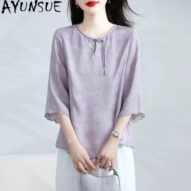 AYUNSUE 100% Real Mulberry Silk Woman Tops Three Quarter Sleeved Women T Shirts Chinese Style Summer Women Clothing 2026 New 티셔츠