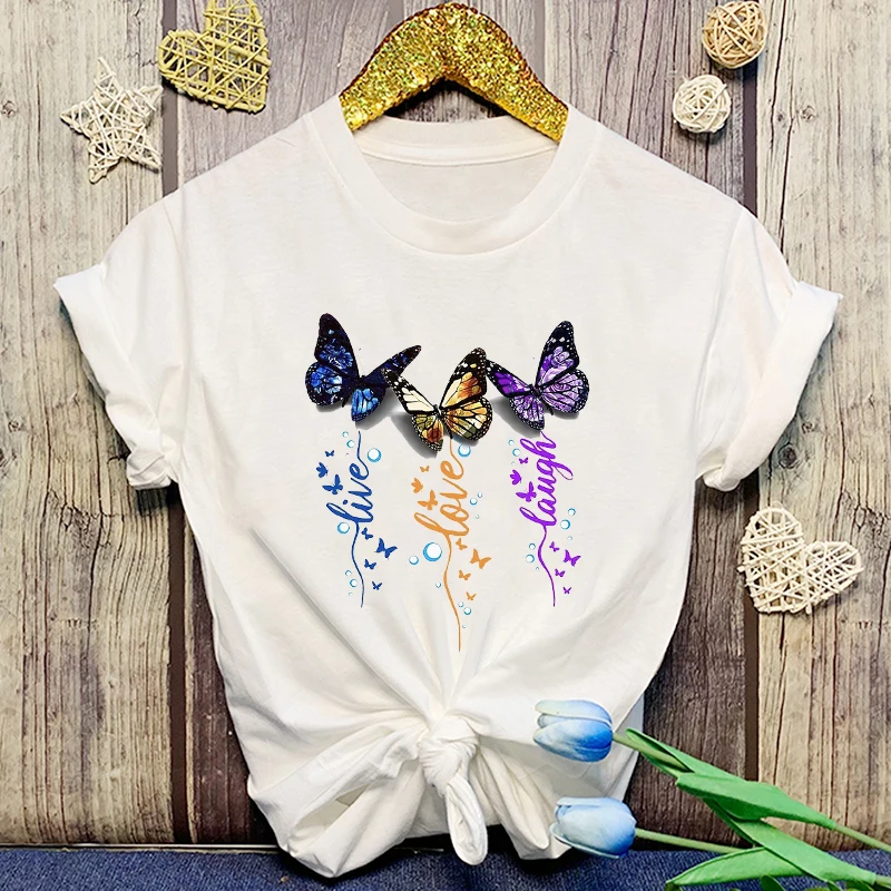 Butterfly Live Love Laugh Printed T-Shirts Women Men Short Sleeve Funny Round Neck Tee Shirt Casual Summer Tops